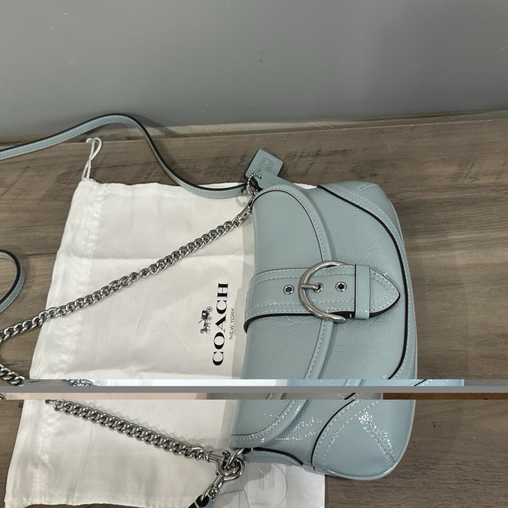 COACH CAN43 Soho Bag 25 Shoulder/Crossbody Crinkle Patent Leather Light Blue - Picture 10 of 14